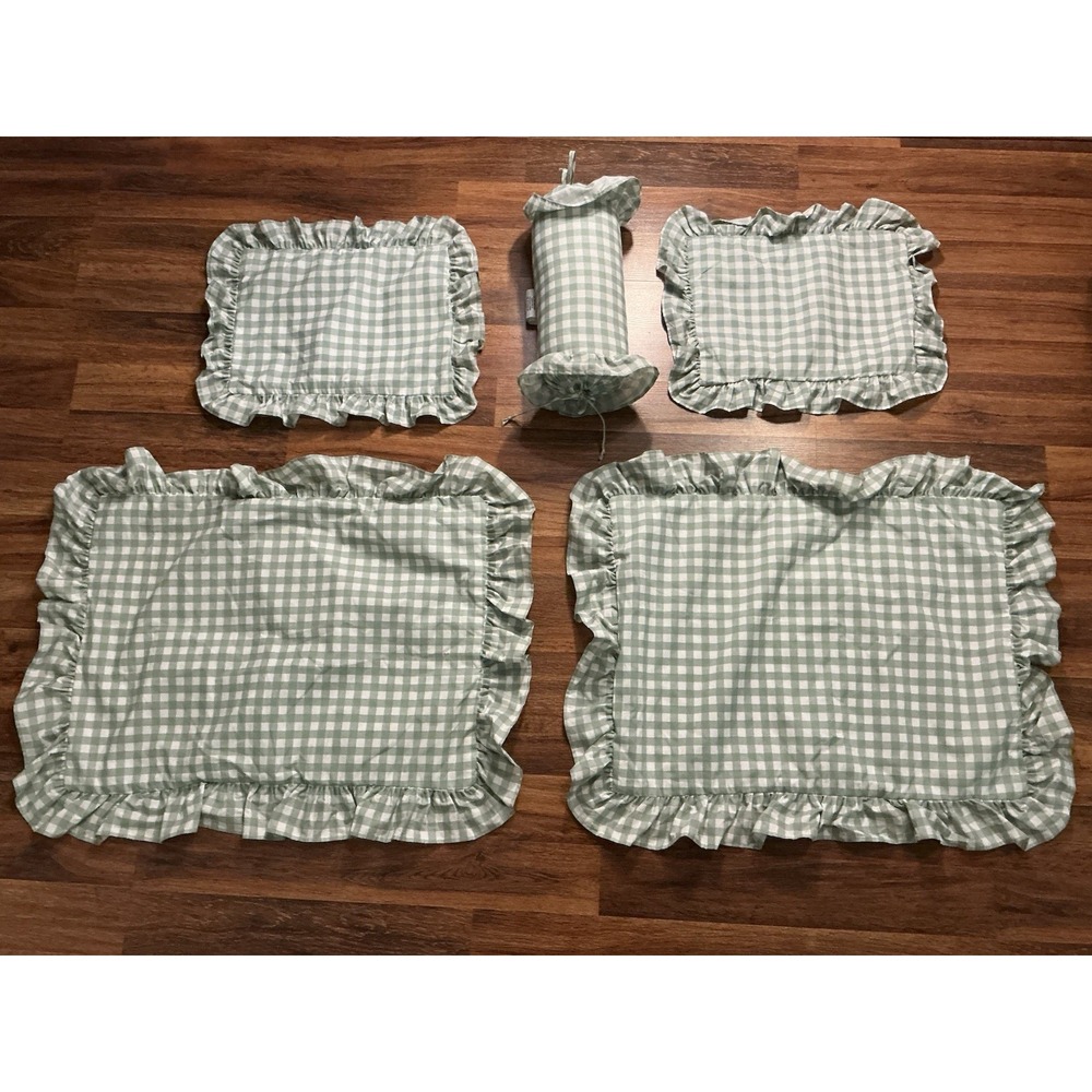 Wamsutta Green Sage Ruffled Gingham Round Pillow 2 Standard Shams&Pillow Throws
